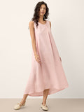 100% Linen Asymmetric Pleat A-Line Maxi Dress KARINA