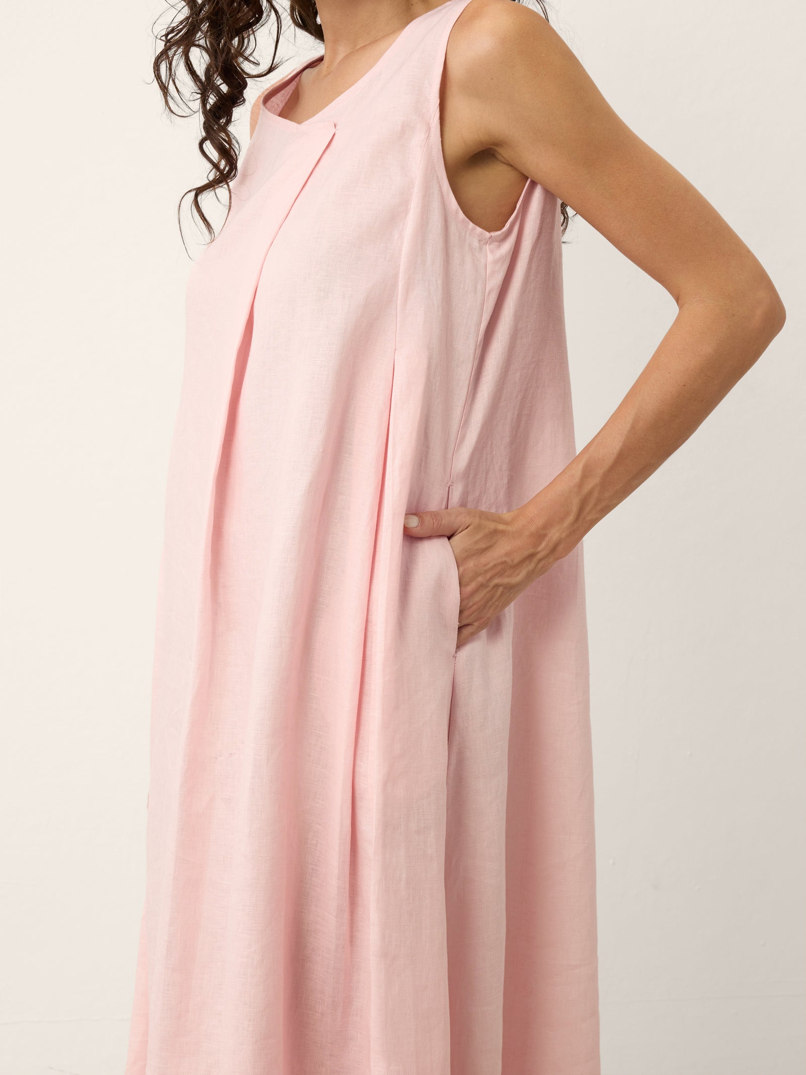 100% Linen Asymmetric Pleat A-Line Maxi Dress KARINA