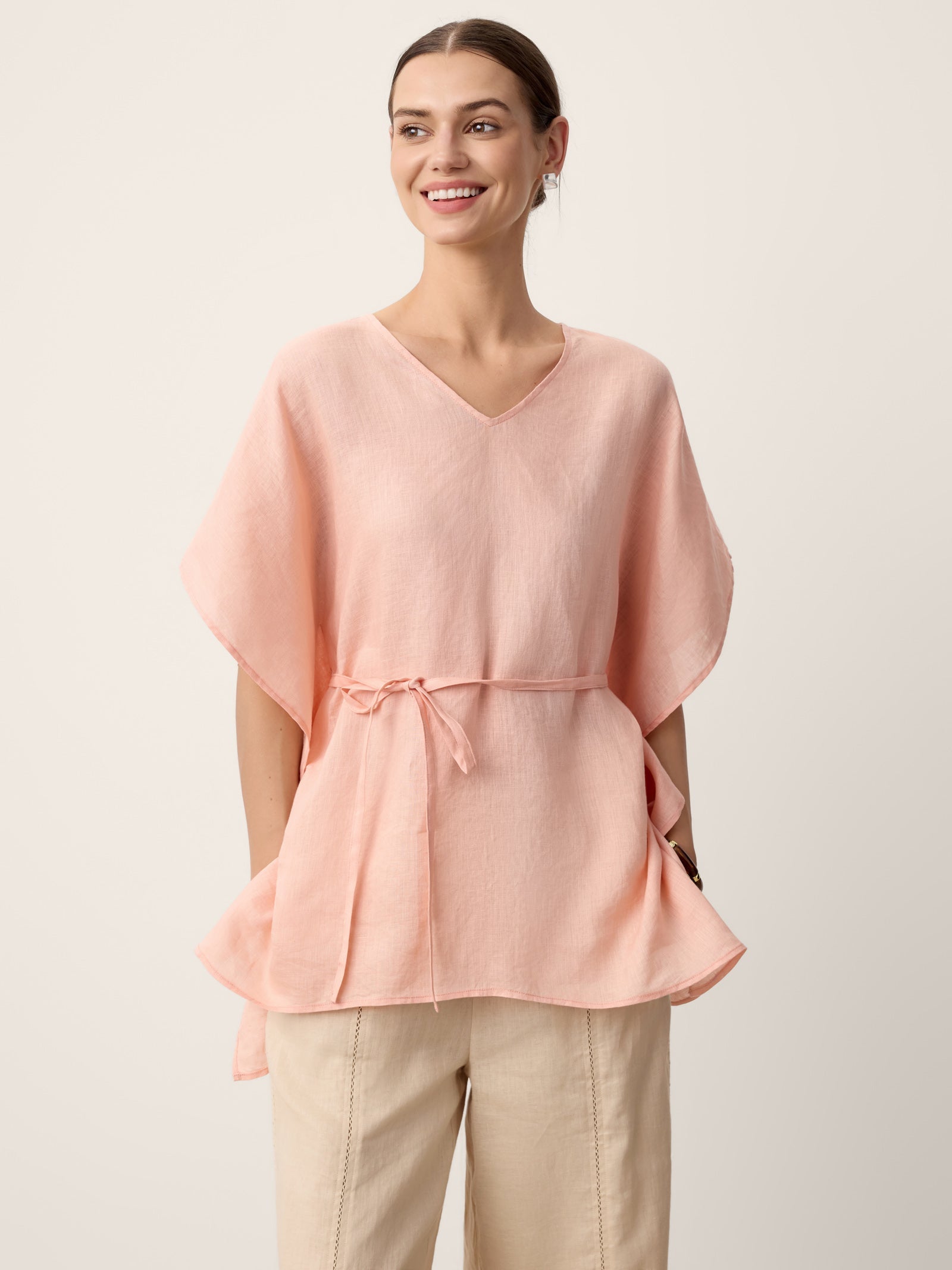 100% Linen Flutter-Sleeve V-Neck Top MARA