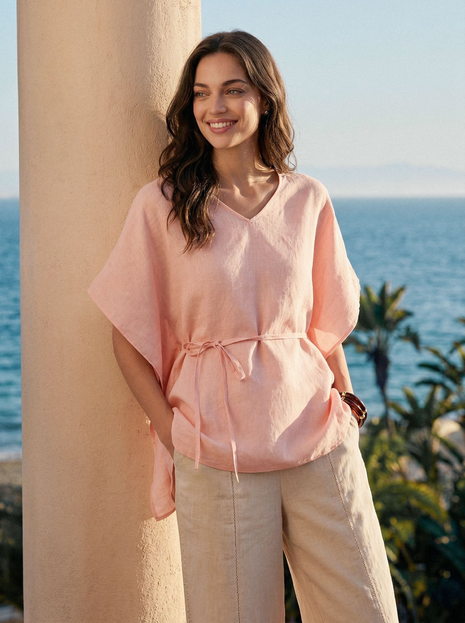100% Linen Flutter-Sleeve V-Neck Top MARA